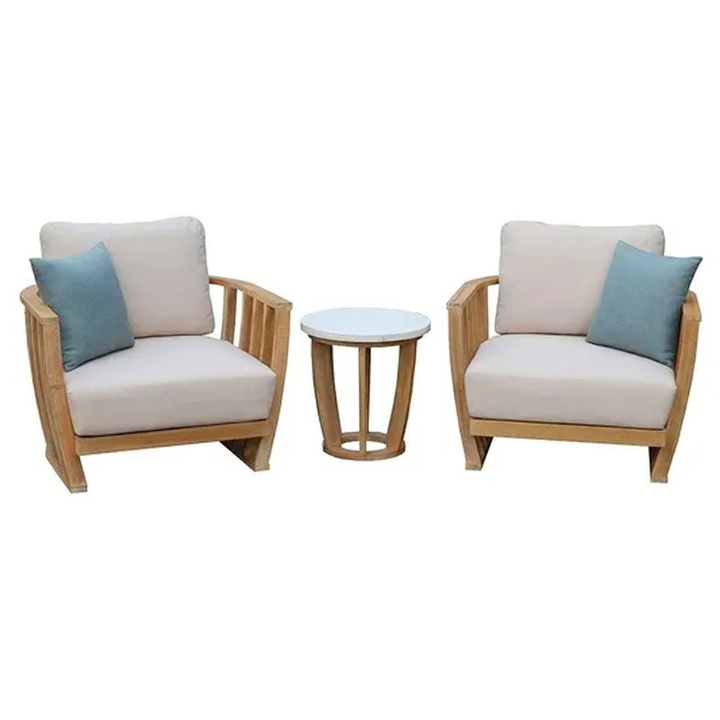 Set mobilier gradina/terasa 2 fotolii si masuta, Maison Mex WOODLAND, natur/stone/alb