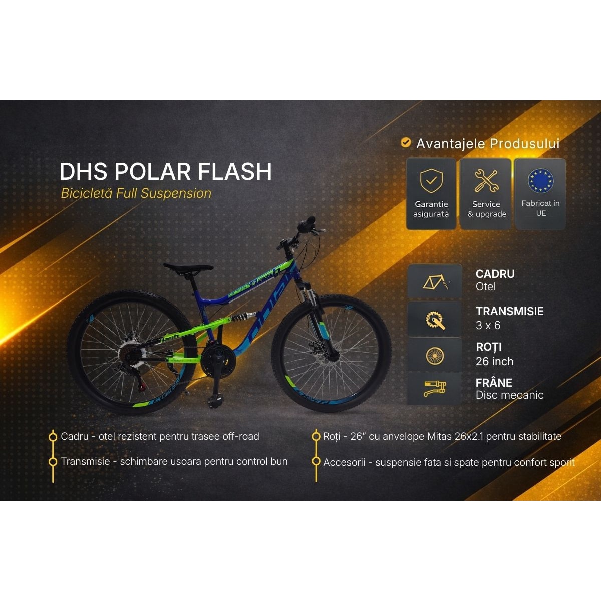 Bicicleta MTB DHS Polar Flash 26 inch full suspension, 18 viteze