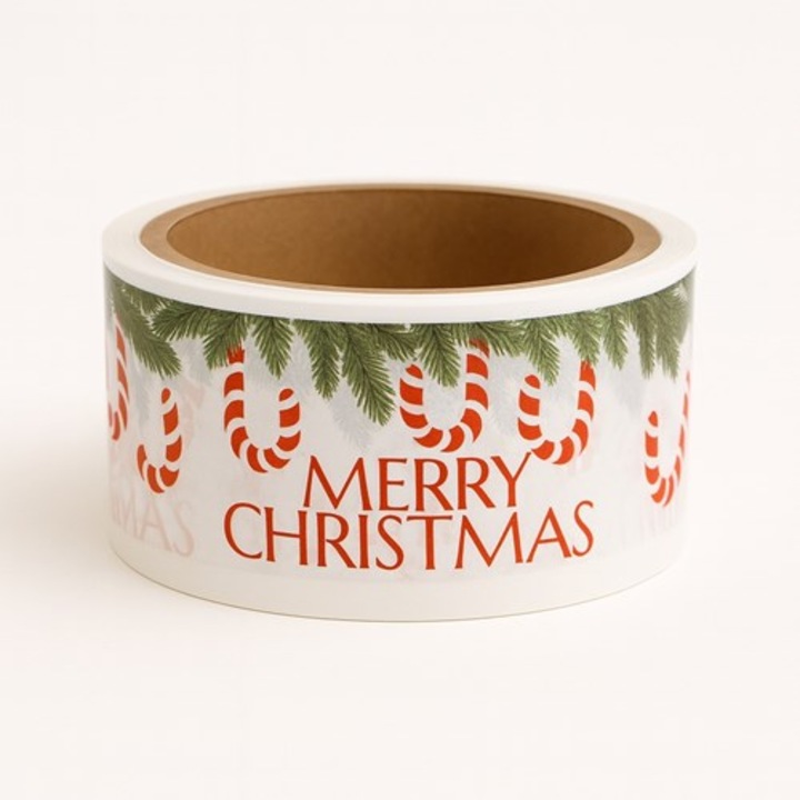 Banda adeziva Decorativa, de Craciun, 45mmx50m, alb, cu imprimeu Merry Christmas