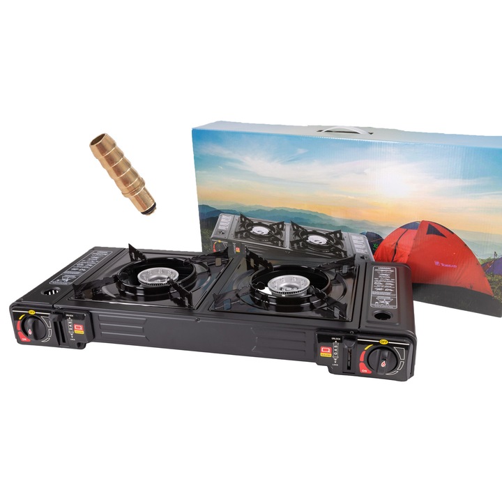 H&F Aragaz camping portabil, Campingkocher, 2 arzator, cu adaptor pentru butelie, in geanta tip valiza, negru