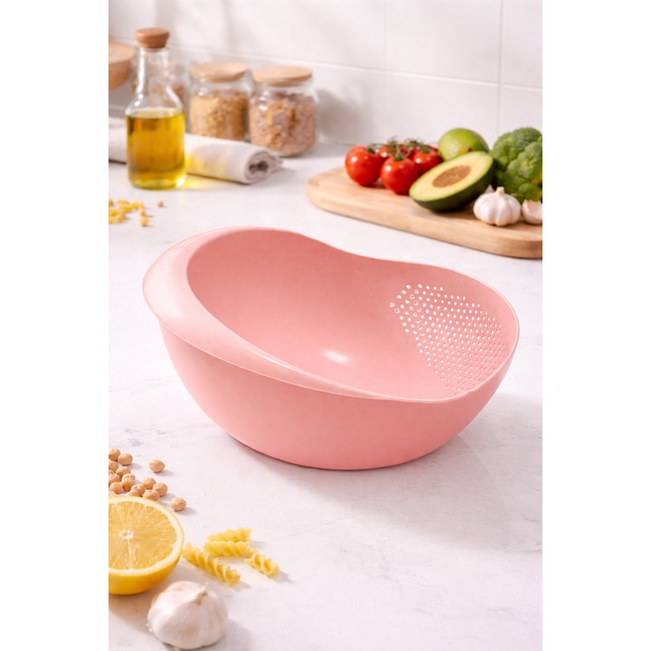 Strecuratoare bucatarie din plastic cu scurgere laterala, bol spalare fructe si legume, ergonomica, roz