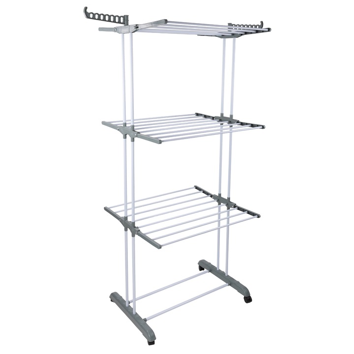 Uscator de rufe vertical pliabil H&F, 4 niveluri, capacitate pana la 40 kg, cu 4 roti cu blocare, suport pentru 14 umerase, 72 x 64 x 170 cm, negru