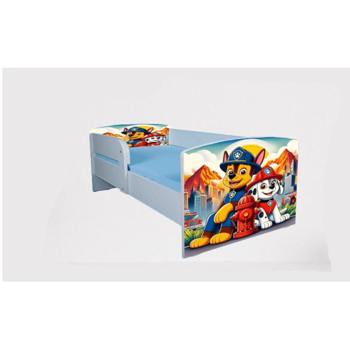 Pat copii Paw Patrol, alb, 160x80 cm, cu saltea Safe Nest 6 cm, cu protectie