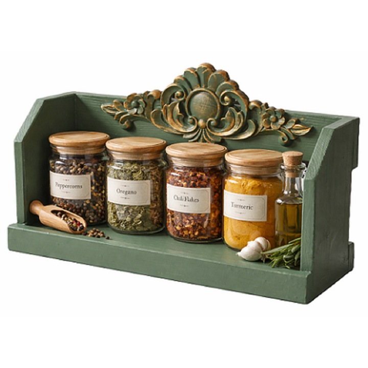 Etajera bucatarie cu ornament din lemn, verde antichizat, pictata manual, lungime 40 cm