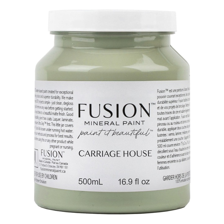 Vopsea pentru mobila Fusion Mineral Paint, Carriage House, gri-verzui cald, finisaj mat, cu protectie integrata, 500 ml