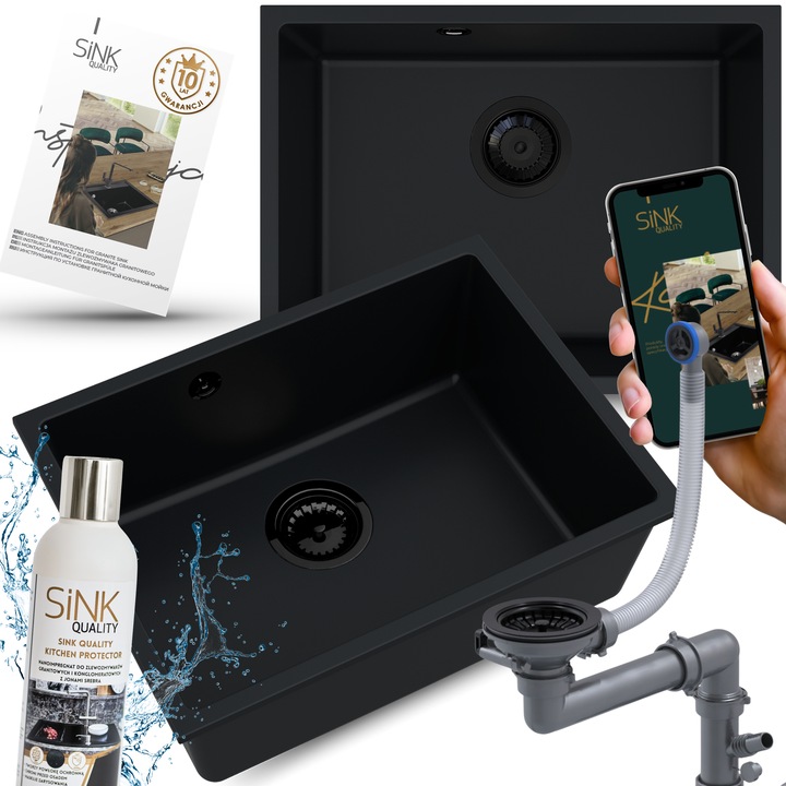 Chiuveta bucatarie granit subblat neagra, set cu sifon negru, 1 cuva, 400x190mm