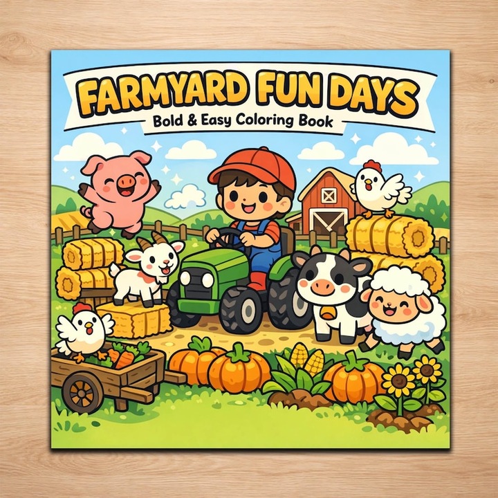 Carte de Colorat Animale de Ferma – 20 Desene Mari pentru Copii 3+, Hartie 160GSM, Nu Pateaza, Spirala Metalica