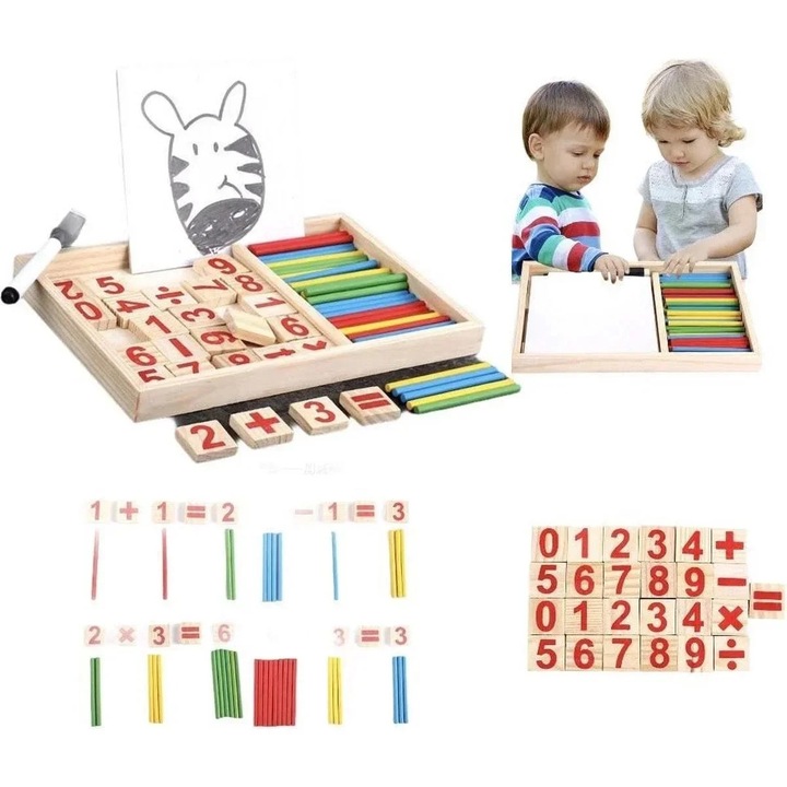 Set educativ de matematica din lemn cu numere si bete colorate pentru copii, SARALMA®