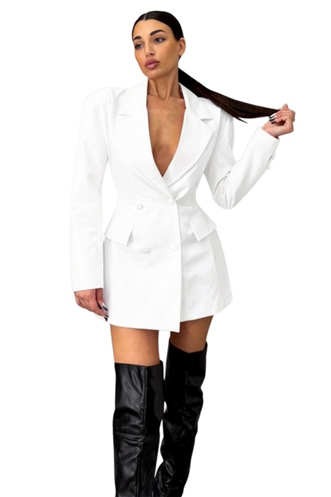 Rochie scurta tip sacou Yelina, cu umeri buretati supradimensionati, Alb, Marime universala S/M, FY FashionForYou