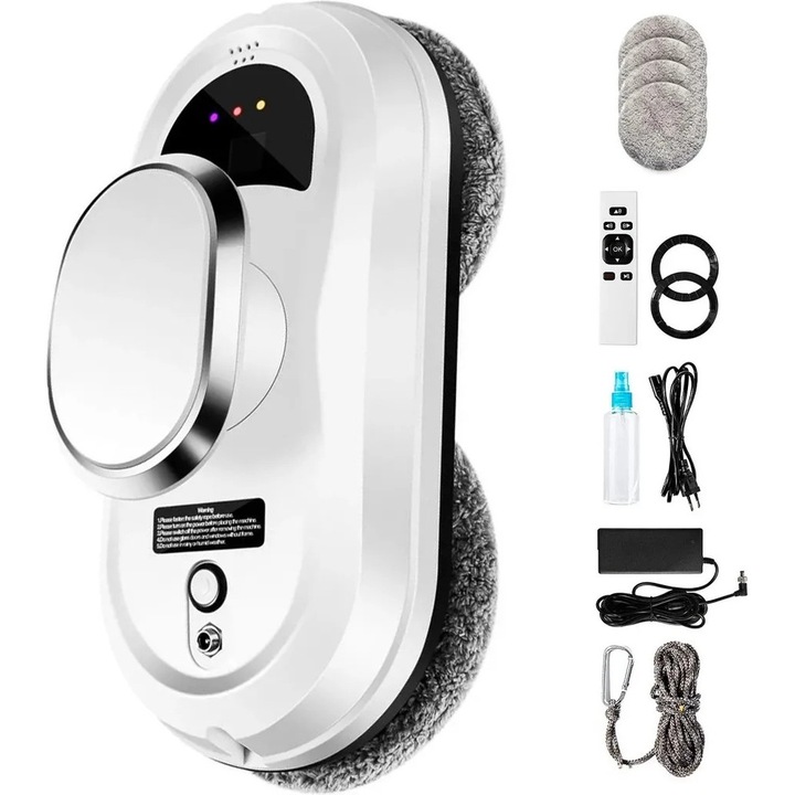 Robot Inteligent pentru Curatare Geamuri, Automat, Putere Aspirare 5600 Pa, 90W, Senzor Anti-Cadere si Margini, Planificare Traseu, Navigare Inteligenta, Telecomanda si Lavete Microfibra incluse, Alb