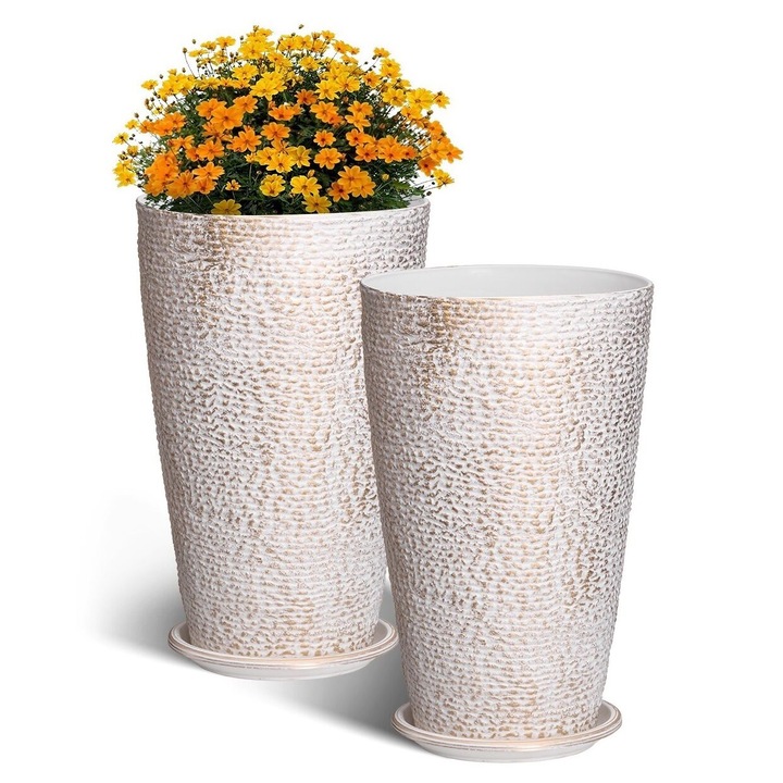 Set 2 x Ghivece inalte exterior/interior, finisaj piatra, Bej, Inaltime 53 cm, Material premium PP