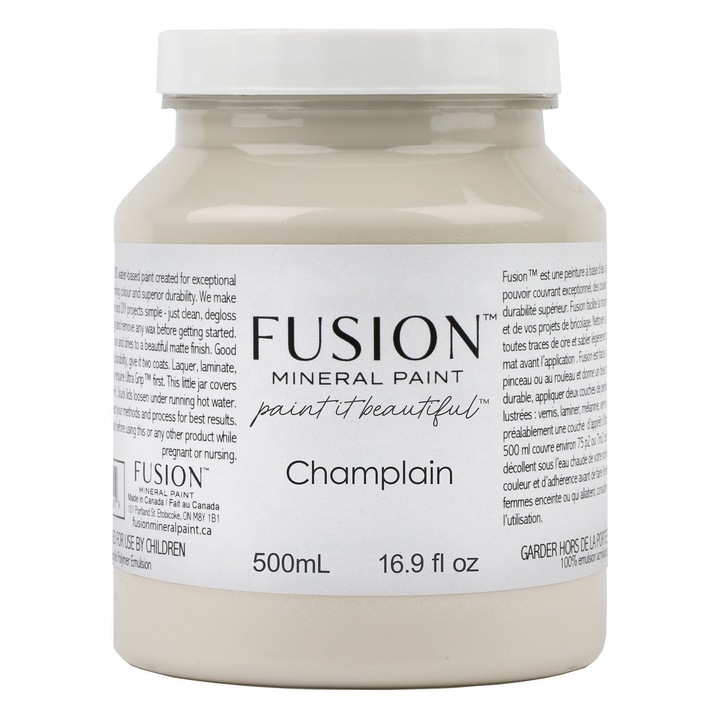 Vopsea pentru mobila Fusion Mineral Paint, Champlain, alb cald, finisaj mat, cu protectie integrata, 500 ml