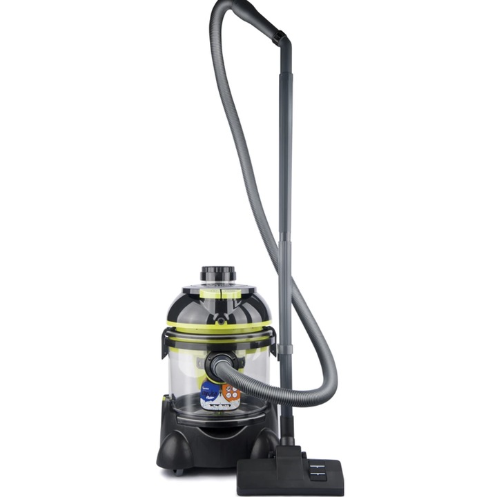 Aspirator Studio Casa, cu filtrare prin apa, fara sac, 2 l, 1600 W, filtru HEPA, functie spalare, samponare, negru cu verde, 230V, negru si verde, 43 x 40 x 50 cm, 9 kg