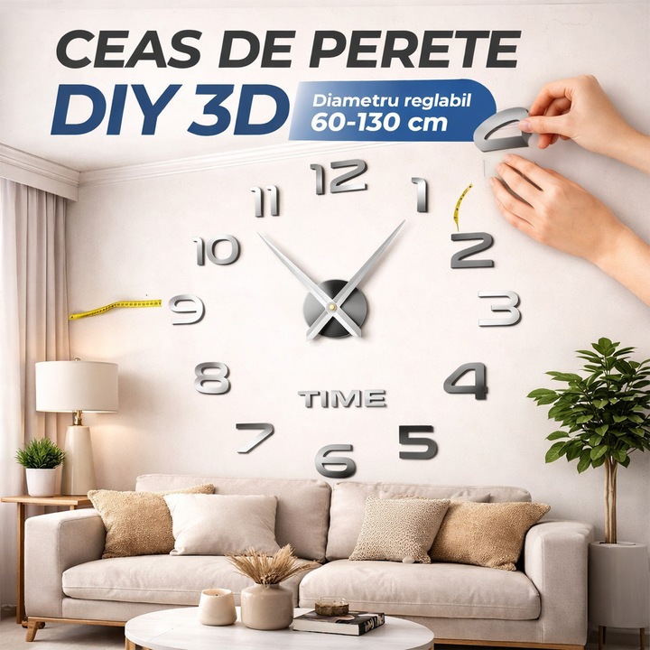Ceas de perete DIY 3D Premium, efect oglinda argintiu, diametru ajustabil 60-130 cm, fara tic-tac, design modern, finisaj argintiu lucios