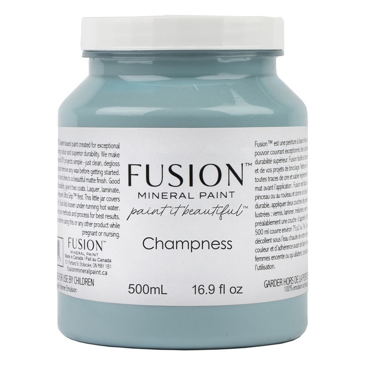 Vopsea pentru mobila Fusion Mineral Paint, Champness, albastru pastel, finisaj mat, cu protectie integrata, 500 ml
