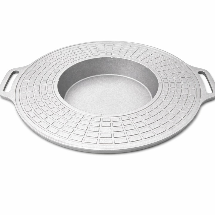 Disc gratar aluminiu 60 cm cu oala centrala 25 cm, adancime 7 cm, antiaderent natural, ideal pentru carne, cartofi si gatit pe foc sau aragaz