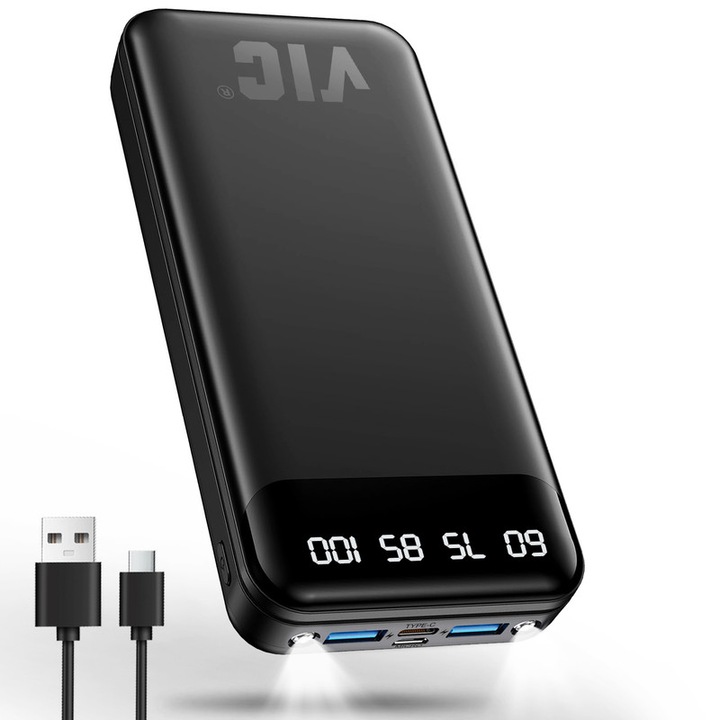 VIC 20000mAh Външна батерия, С осветление, 4 USB порта, Удобни батерии Blade, черен цвят