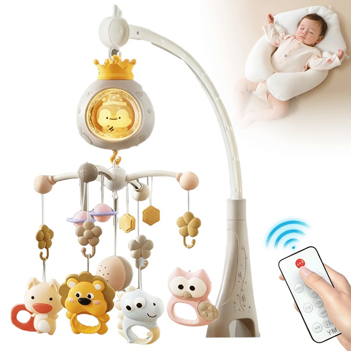 Carusel patut Juksun, rotire 360, muzicuta cu cantece de leagan, 4 animale, lumina de veghe pinguin, proiectie cer instelat, multicolor