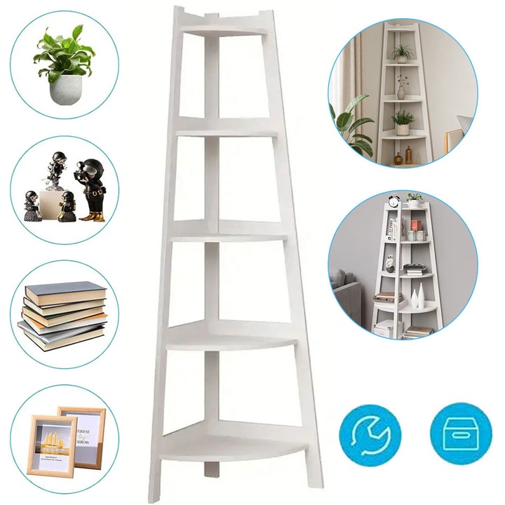 Unitate De Colt, Raft De Colt Cu 5 Niveluri, Raft Tip Scara Pentru Living, Raft De Carti, Suport Pentru Plante, Biblioteca De Colt Moderna, Unitate De Rafturi Deschise Pentru Living, Birou De Acasa