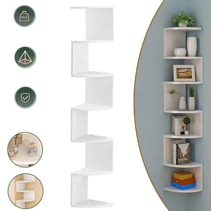 Raft De Colt Cu 7 Niveluri, Raft Plutitor, Rafturi De Perete, Organizator De Depozitare In Forma De Zig-Zag, Pentru Living, Birou, Bucatarie, Dormitor, Pentru Plante, CD-Uri, Decoratiuni, Modern, Alb