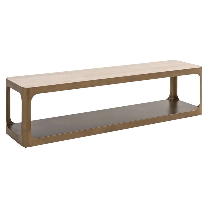 Comoda TV/masa media Divani & Sofa', Claridge Sand, blat reversibil (sticla neagra / travertin ceramic), structura din fier, Sand/Negru, 160x40 cm