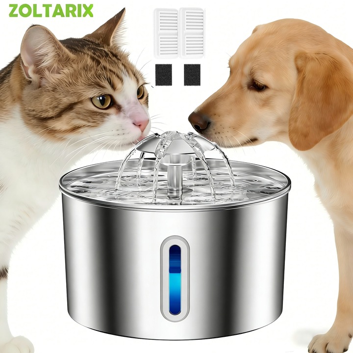 Fantana Apa Pisici si Caini, ZOLTARIX®, Automata Adagoló Állatoknak, Csendes, Kettős Áramlás, Tisztítás és Aktív Szén Szűrés, 2,2L Kapacitás, 304 Rozsdamentes Acél, 2xSzűrő, 2xSzivacs Mellékelve, Ezüst