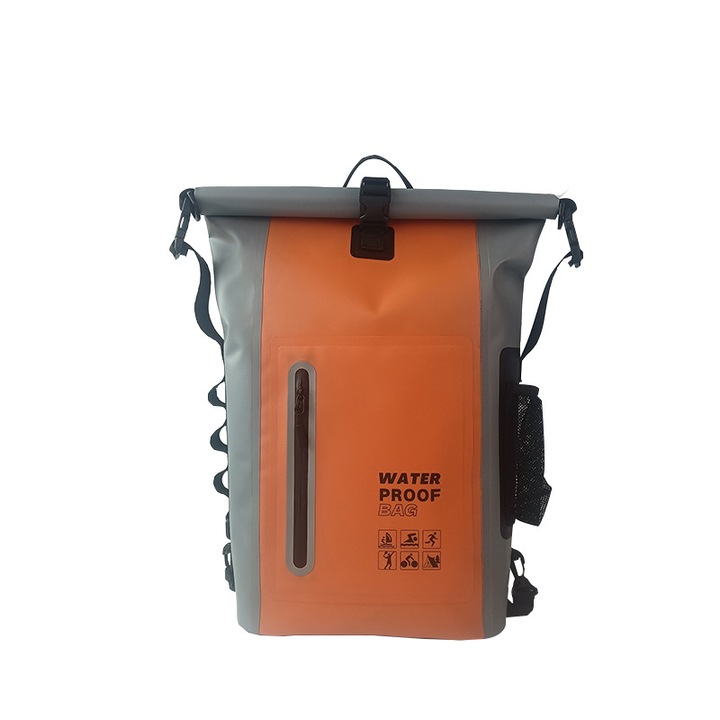 Rucsac impermeabil pentru sporturi acvatice 25L, portocaliu, dimensiuni 60,5cm x 30cm, cu buzunar pentru smartphone