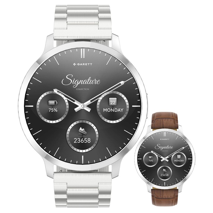 Смартчасовник Garett Signature Edge Silver, сребрист, за деца и възрастни, 19, 75x22, 95 см, издръжлива батерия, AMOLED дисплей