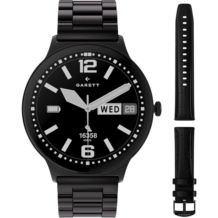 Смарт часовник Garett Quantum Glow Black, неръждаема стомана, 14, 5x21, 5 см, комплект с допълнителна каишка