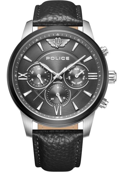Мъжки часовник Police, модел PEWGF0040440, неръждаема стомана, сив циферблат, 44mm, черна кожена каишка, водоустойчив до 50 метра