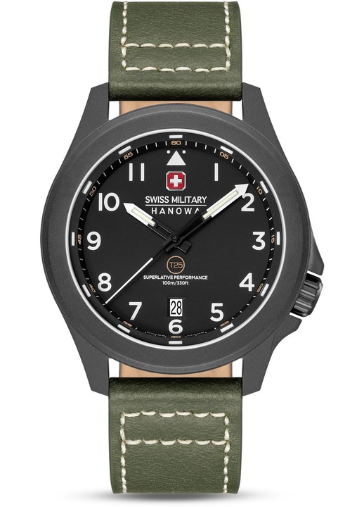 Мъжки часовник Swiss Military Hanowa Fieldmaster Tritium, кварцов механизъм, сив, зелен кожен каишка