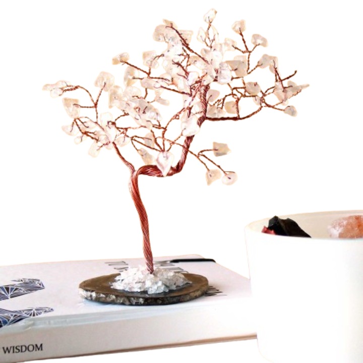 Copac decorativ Ancient Wisdom, 100 pietre, cuarț pur, bază de agat negru, 9x5x13 cm