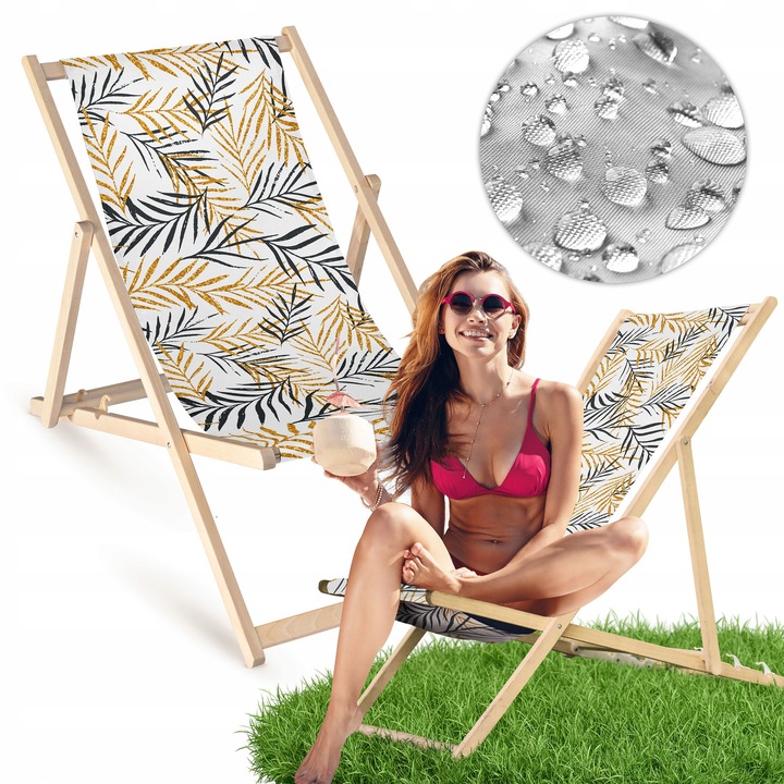 Sezlong gradina Allbag, alb cu frunze negre si aurii, material poliester, dimensiuni 55x120cm, 3 trepte de inaltime