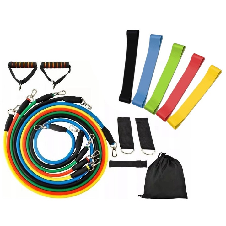 Set benzi elastice de antrenament, Allbag, 5 bucati, diverse culori, 120cm