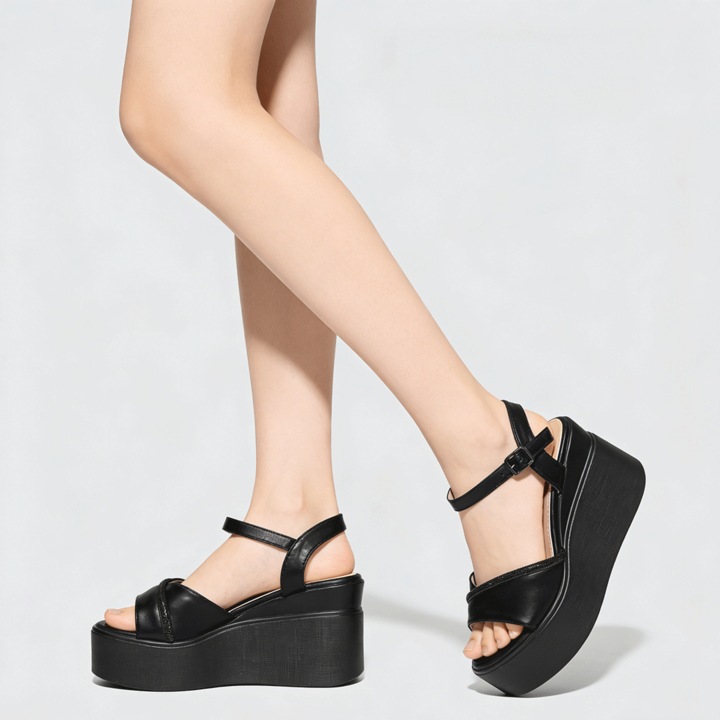 Sandale de dama, Din Piele Ecologica, Cu platforma, SA104, Negru, Negru