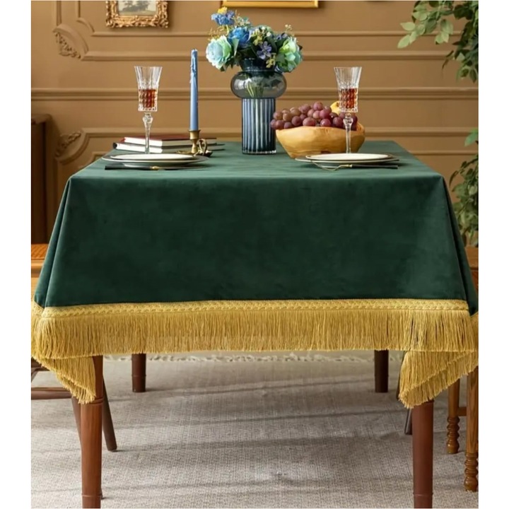 Fata de masa Velvet 500, verde, cu franjuri aurii, catifea, 140 X 400 cm