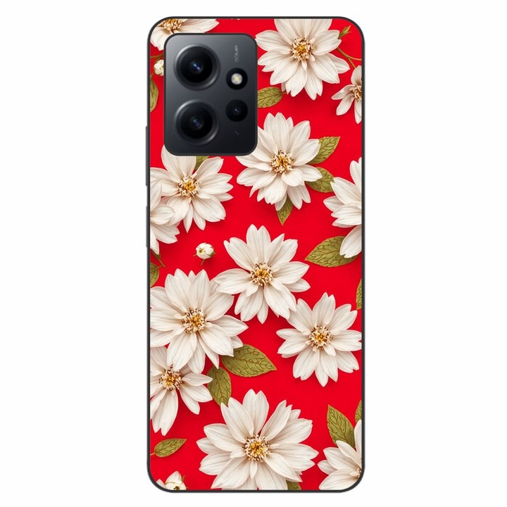 Husa compatibila cu Xiaomi Redmi Note 12 4G Silicon Gel Tpu Model White Flowers on Red Background