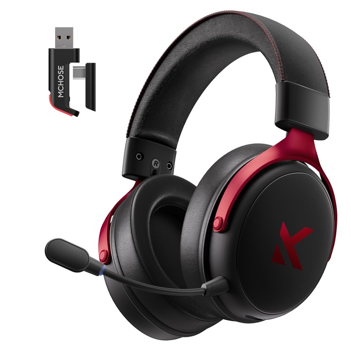 Casti de gaming wireless MCHOSE V9 PRO, sunet surround 7.1, pentru PS5, PS4, PC, SWITCH, TOPSPEED, microfon cu anulare a zgomotului, baterie de 250 ore, latenta redusa de 15 ms, usoare, jocuri BT 5.3 FPS, negru si rosu