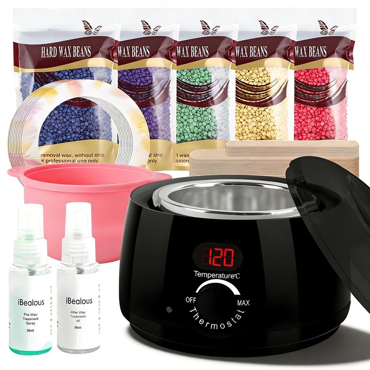 Kit de epilare YOUKUKE®, aparat de incalzit ceara digital, 5 pungi de ceara, 13 de accesorii, pentru toate tipurile de par, multicolor