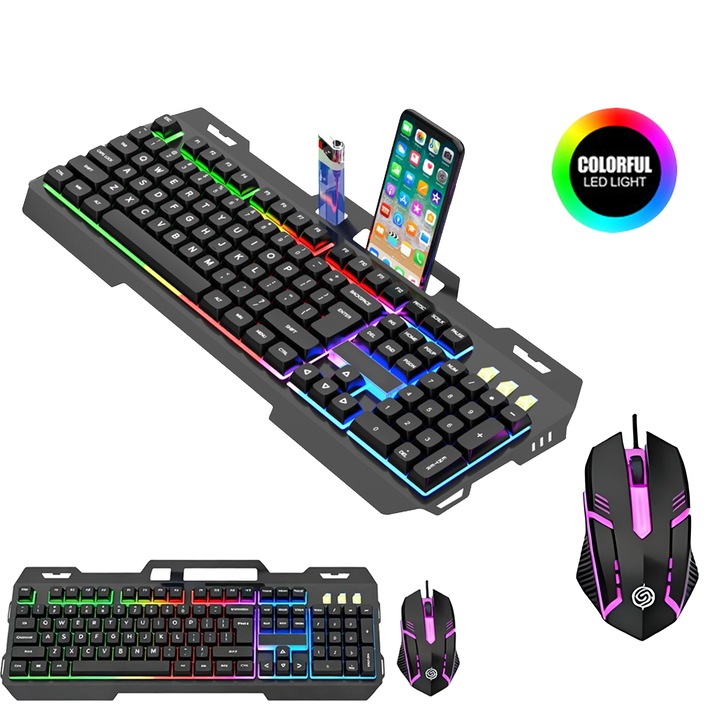 Wacorresi® Gaming Szett, Mechanikus Billentyűzet és Egér, RGB Világítás, Ergonomikus Kialakítás, Vízálló, Fekete