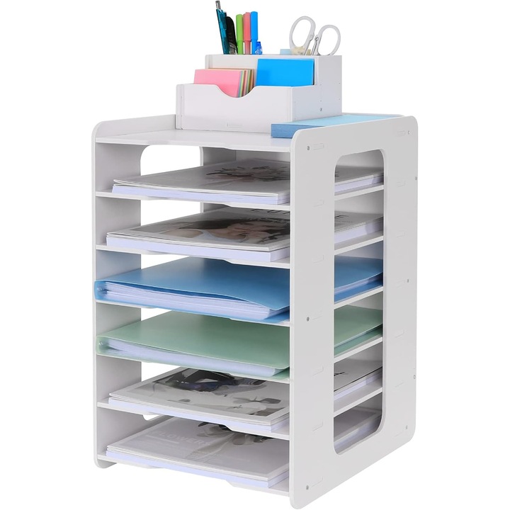 Organizator Birou LeeXo, Suport Documente si Dosare, 7 Compartimente, Fanta Stilou si Eticheta, Plastic Rezistent, 34x25x39 cm