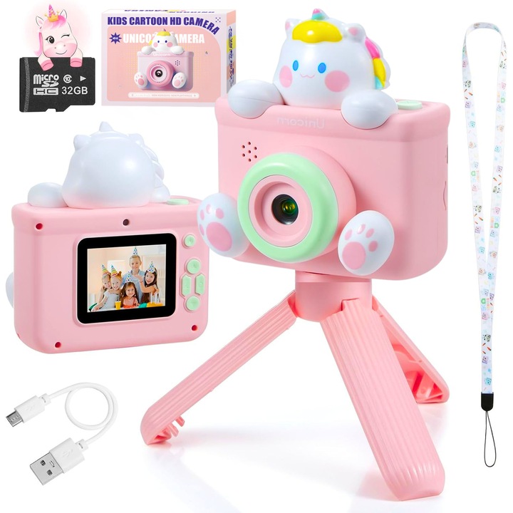 Camera Foto pentru Copii, Forma Unicorn cu Mini Trepied, HD 20MP, 1080P HD Video, Dual Camera Selfie, 32GB Card Inclus, Qova®, Ecran IPS 2.0”, Zoom 8X, Aparat Foto-Video, MP3 Player, Jocuri, Cadou Copii Fete Baieti 3-12 Ani, Roz
