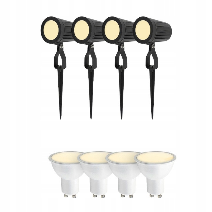 Set de 4 proiectoare de grădină GU10, negru, aluminiu, IP65, cu 4 becuri LED FARI 5, 5W 3000K