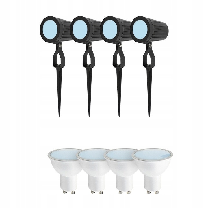 Set de 4 proiectoare de grădină GU10, negru, aluminiu, IP65, cu 4 becuri LED FARI 5, 5W 6500K