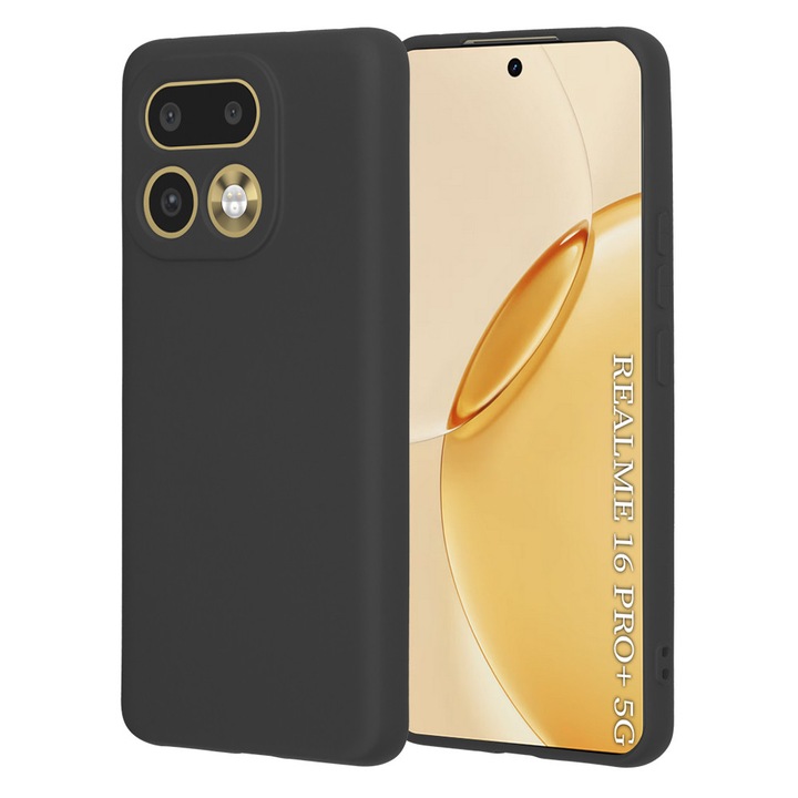 Калъф за Realme 16 Pro+ Liquid Silicone, тънък, подплатен с микрофибър, против отпечатъци, защита на камерата, черен