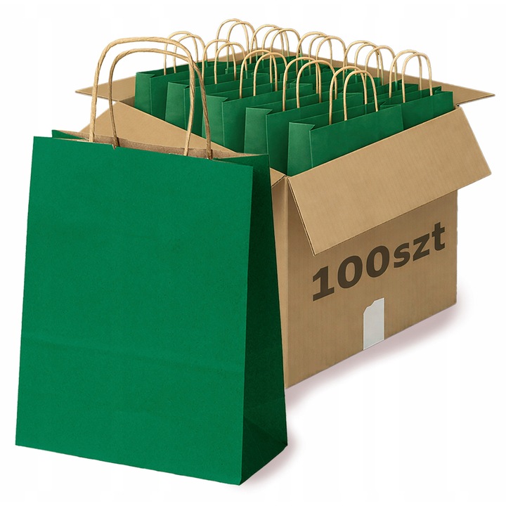 Set 100 torbe de hartie verzi 18x8x22,5 cm, Allbag, ecologice, elegante