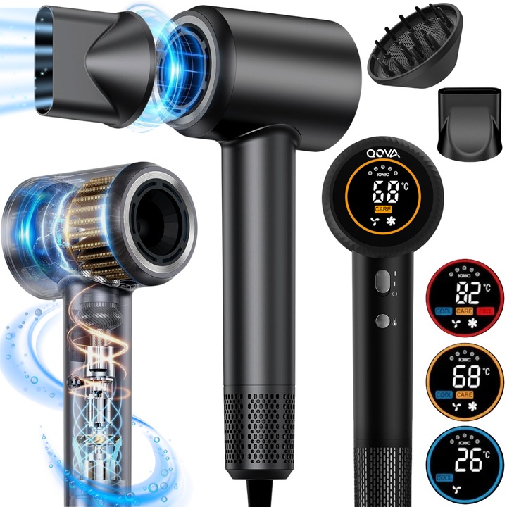 Professzionális hajszárító, Qova ionos hajszárító 1600W, ultraerős 110.000 RPM motorral, 500 millió negatív ion, intelligens LCD kijelző, gyors szárítás, csendes, 6 üzemmód beállítás, diffúzor, mágneses koncentrátor, göndörödésgátló, fekete