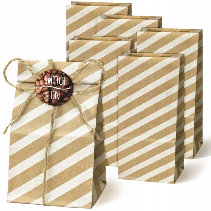Set 5 Torebki PAPIEROWE klockowe, Allbag, brazowe cu dungi albe, 8x6,5x19cm