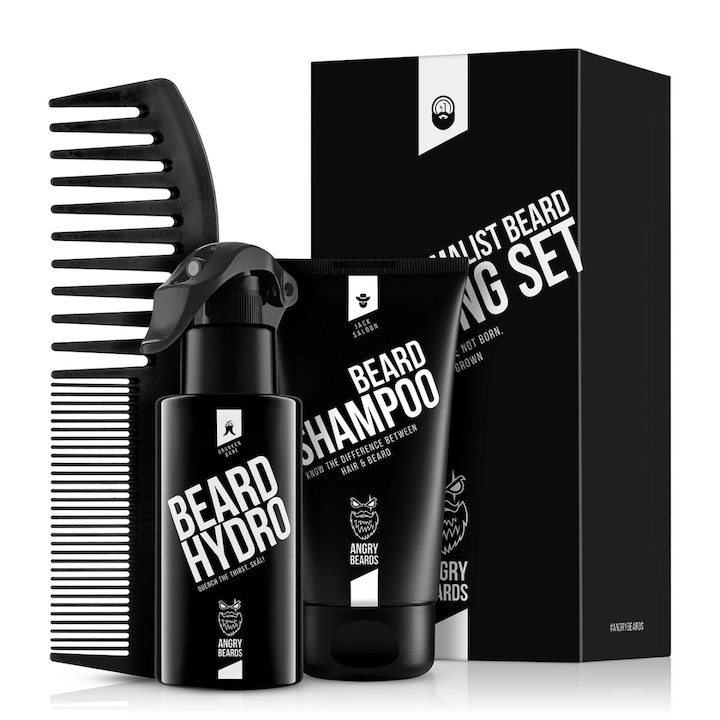 Set îngrijire barbă Angry Beards Minimalist, 3 produse, lotiune 100ml, șampon 150ml, pieptene 18, 5x5cm, negru mat