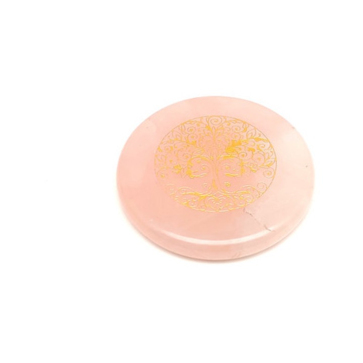 Кръг от розов кварц с дърво на живота, златен, 5 см